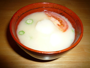 Shiratama miso soup-served