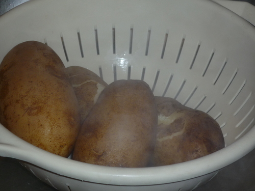 Potato salad-Drain potatoes and peel skin