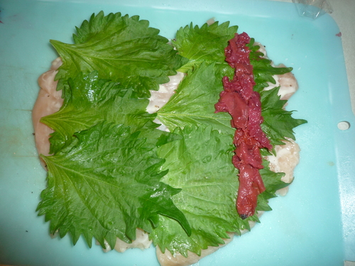 Chicken ume shiso-line umeboshi along one end