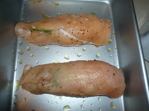 Chicken ume shiso-lay in a pan with olive oil or cooking spray